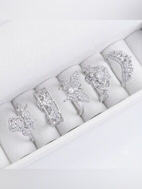 Gold Plated Silver Cubic Zirconia Butterfly & Floral Ring Set - Women Jewelry